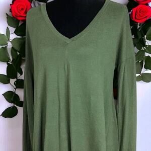 Gibson Womens Small Solid Green Top Stretch Pullover V-Neck Long Sleeves